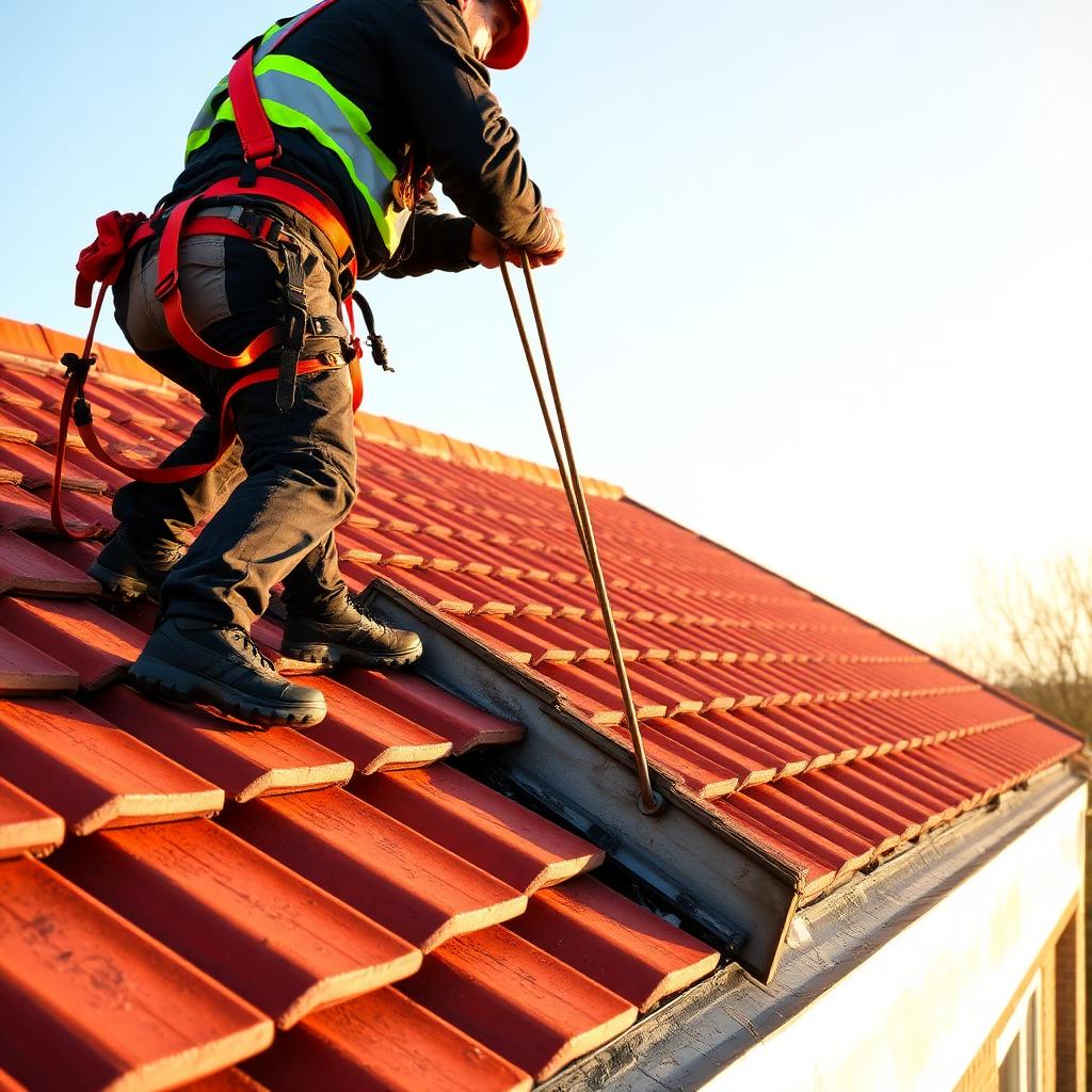 Roofer installing new clay tiles